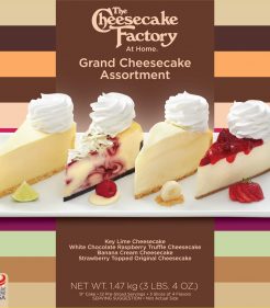 9 inch Grand Cheesecake factory assortment of Key Lime Cheesecake, White Chocolate Raspberry Truffle Cheesecake, Banana Cream Cheesecake & Strawberry Topped Original Cheesecake