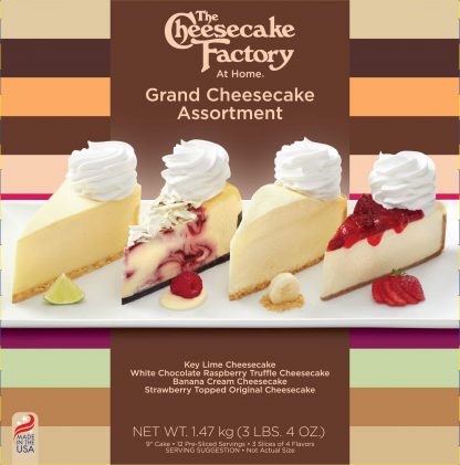 9 inch Grand Cheesecake factory assortment of Key Lime Cheesecake, White Chocolate Raspberry Truffle Cheesecake, Banana Cream Cheesecake & Strawberry Topped Original Cheesecake