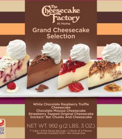 7 inch Grand Selection of The Cheesecake Factory Cheesecakes; Chocolate Raspberry Truffle® Cheesecake, Chocolate Mousse Cheesecake, Snickers® Bar Chunks and Cheesecake, and Strawberry Topped Cheessecake