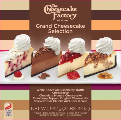 7 inch Grand Selection of The Cheesecake Factory Cheesecakes; Chocolate Raspberry Truffle® Cheesecake, Chocolate Mousse Cheesecake, Snickers® Bar Chunks and Cheesecake, and Strawberry Topped Cheessecake